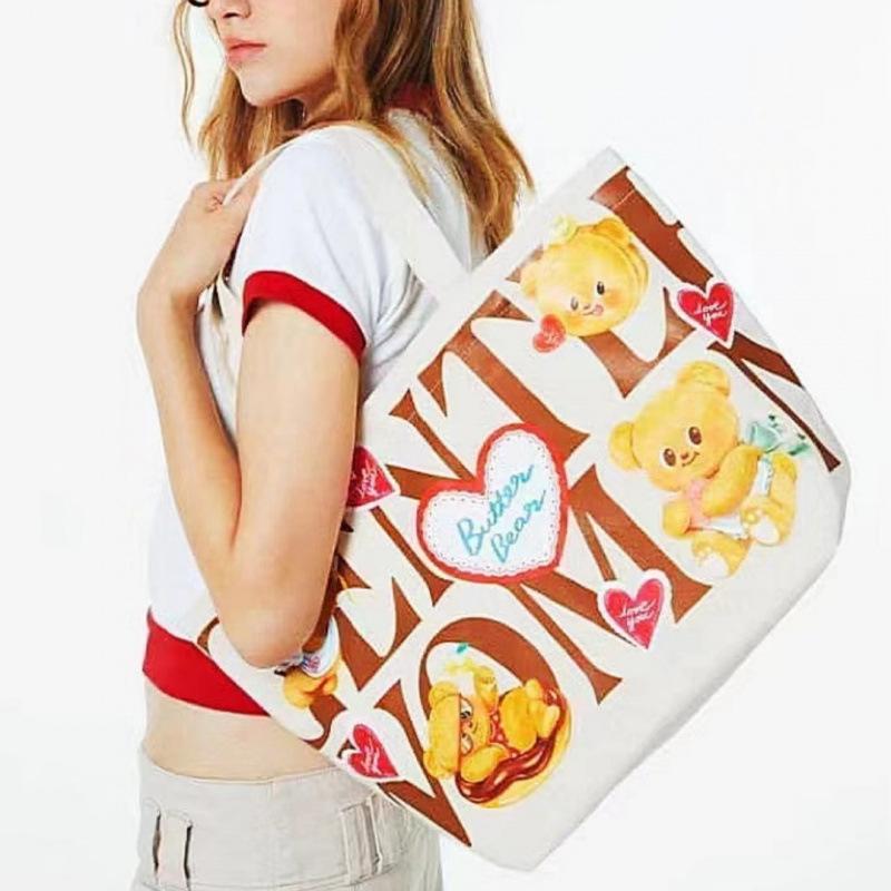 gentlewoman's new canvas bag, butter bear, co-branded tote bag, cute cartoon large-capacity handbag