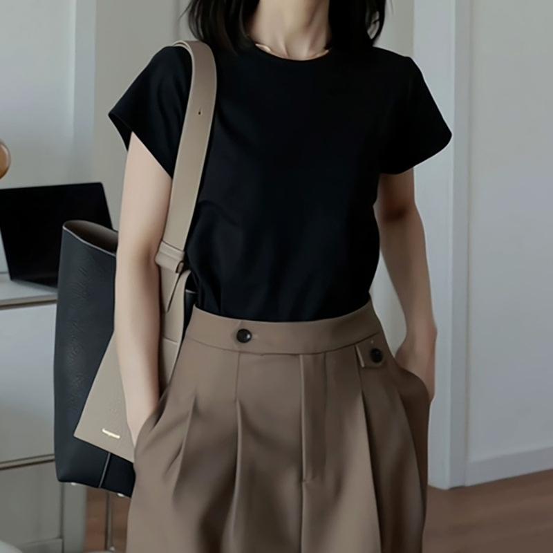 Pure Cotton Shoulder Crew Neck Short-sleeved T-shirt Women's Summer New Slim and Thin Stacked Basic Bottoming Top