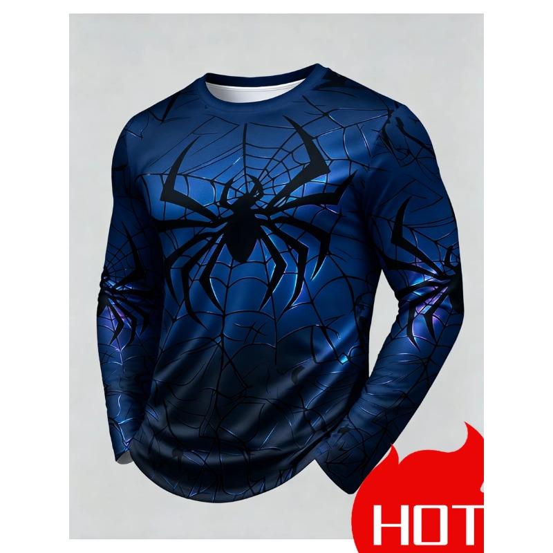 Men's Spider Web Printed Long Sleeved T-shirt For Autumn Casual Street Cool Animal Pattern Top Fashionable Party Style Pullover