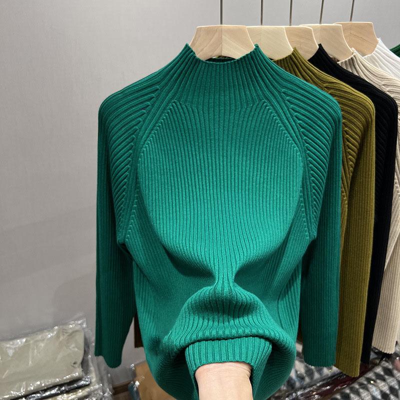 Long-sleeved semi-turtleneck bottoming shirt women s autumn and winter new inner pit strip sweater slim-fitting knitted sweater top One size fits all зелёный