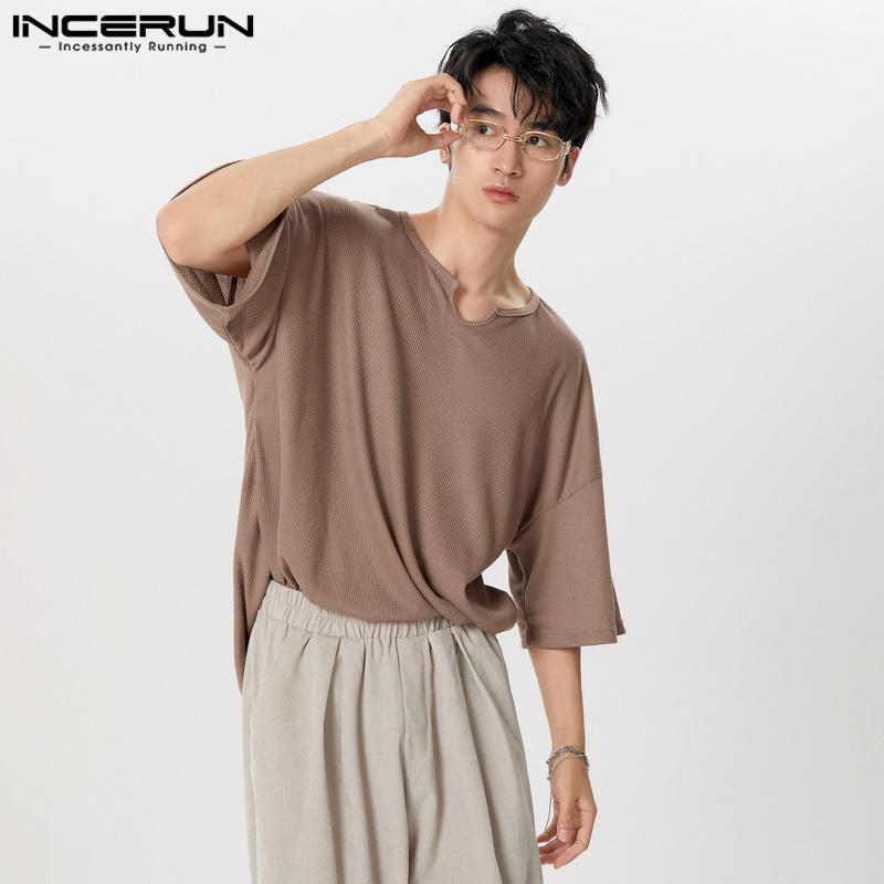 INCERUN Men Short Sleeve Knitted Loose T-shirts Casual Summer Tops