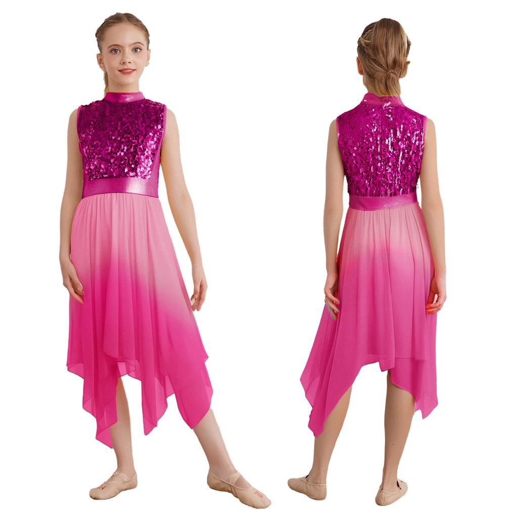 Girls Liturgical Dance Dress - Sleeveless Mock Neck Tunic with Asymmetrical Hem & Shiny Sequins for Worship Performance