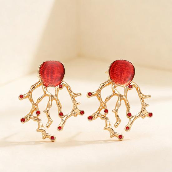 Faux Red Coral Drop Earrings And Necklace Textured Alloy Jewelry with Red Enamel Zircon Accents Unique Ocean-Inspired Design Gift for Women