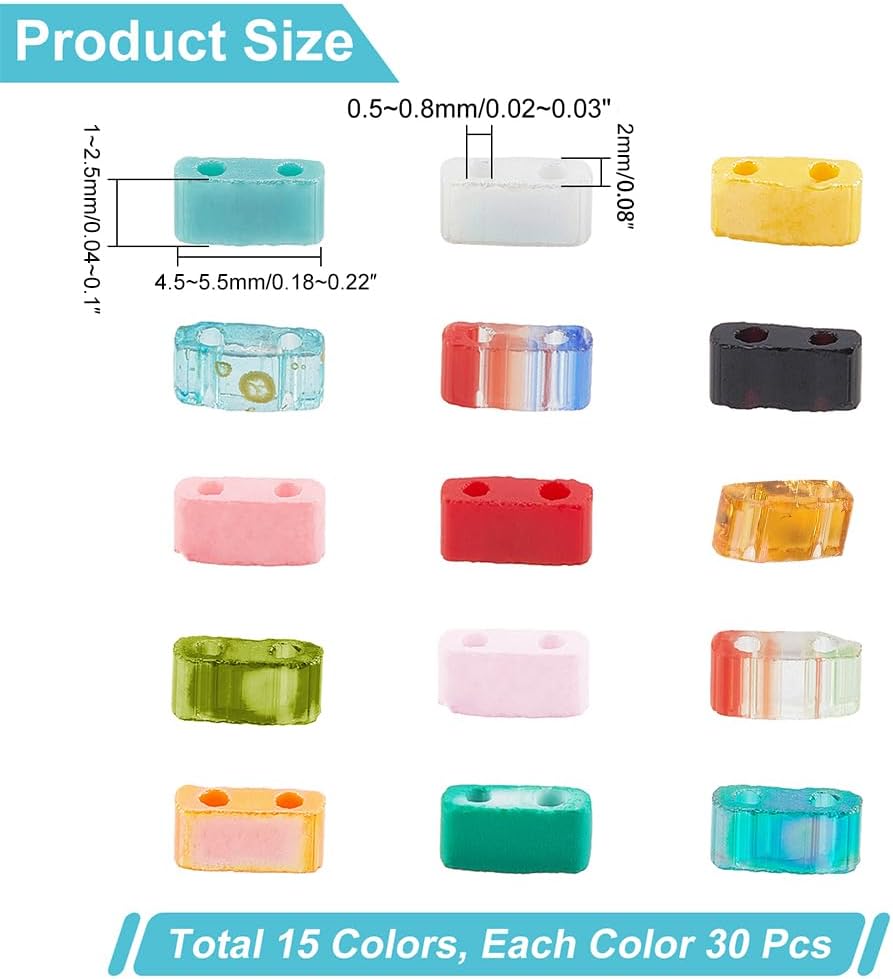 450Pcs 15 Colors 2-Hole Glass Seed Beads Transparent Colours Rectangle Mixed Color 4.5~5.5x2x1~2.5mm Hole: 0.5~0.8mm 30pcs/colors