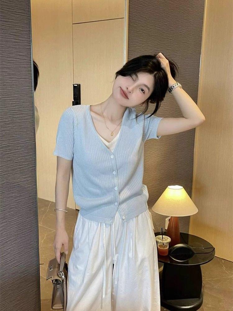 Korean Style V-Neck Two-in-One Knitwear: Summer 2025 Short-Sleeved T-Shirt.