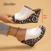 Fashion Leopard Print Wedge Sandals for Women Retro Slip On Platform High Heel Sandals Woman Summer Thick Sole Peep Toe Mules Slippers