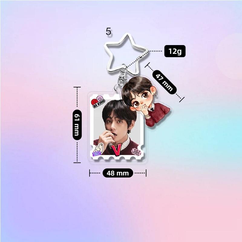 Llavero Acrílico BTS, Bangtan Boys Foto Real + Figura de Dibujos Animados Llavero Doble con Cierre de Estrella, Encanto para Bolso de Fans Kpop ARMY
