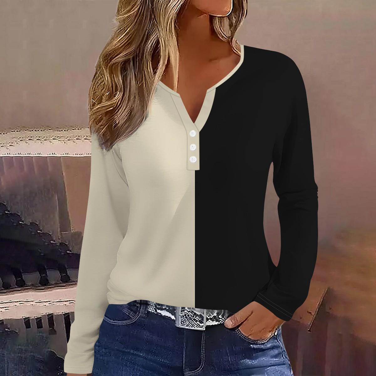 

Жен. Футболка Футболка С принтом Пуговицы Длинный рукав Повседневные Выходные Мода Классический V-образный вырез Обычный Верх L бежевый