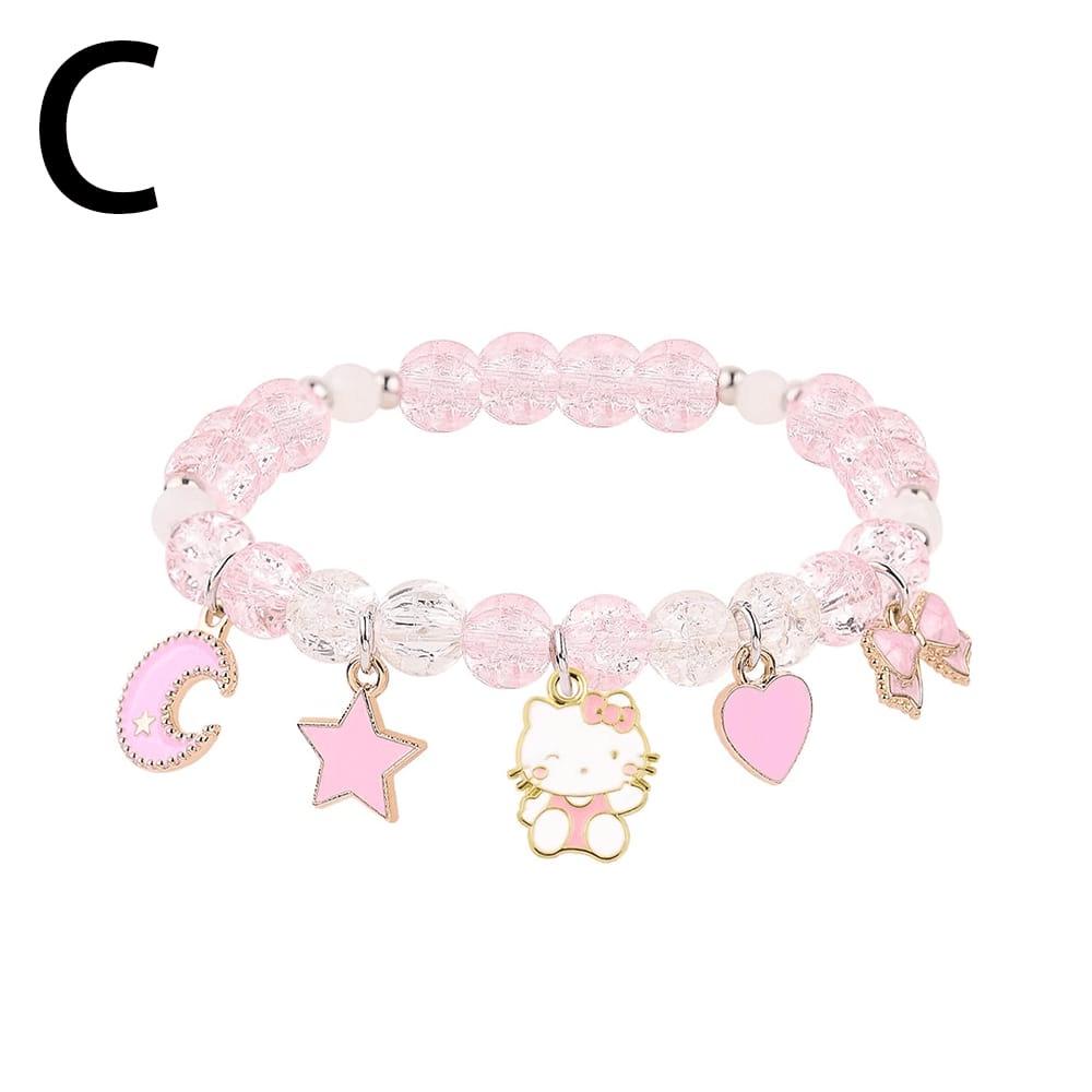 Pink Girly Heart Hello Kitty Beaded Bracelet Set with Heart and Butterfly