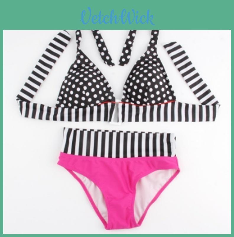 Chic And Sexy Women Swimwear Bathing Suit With Dotted Fringe And Stripe Design
