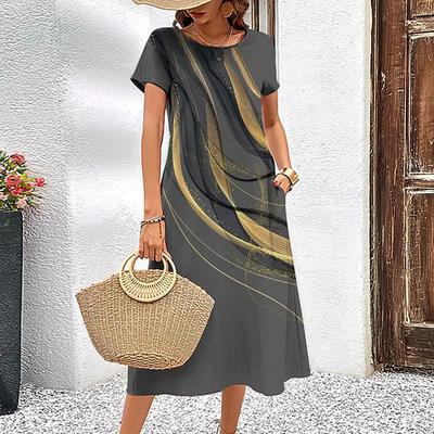 Elegantes Damenkleid Sommer Kurzarm Kleider Streifen Bedruckt Damenkleidung Lockerer A-Linienrock Lässiger Rundhalspullover
