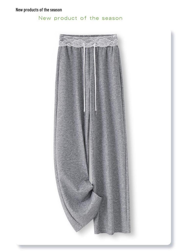 Gray Lace-Trimmed High-Waist Straight Leg Sweatpants for Women - Spring 2025 Collection