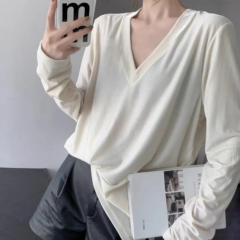 Women's Black Velvet V-Neck Oversized Long Sleeve Top Casual Loose Blouse