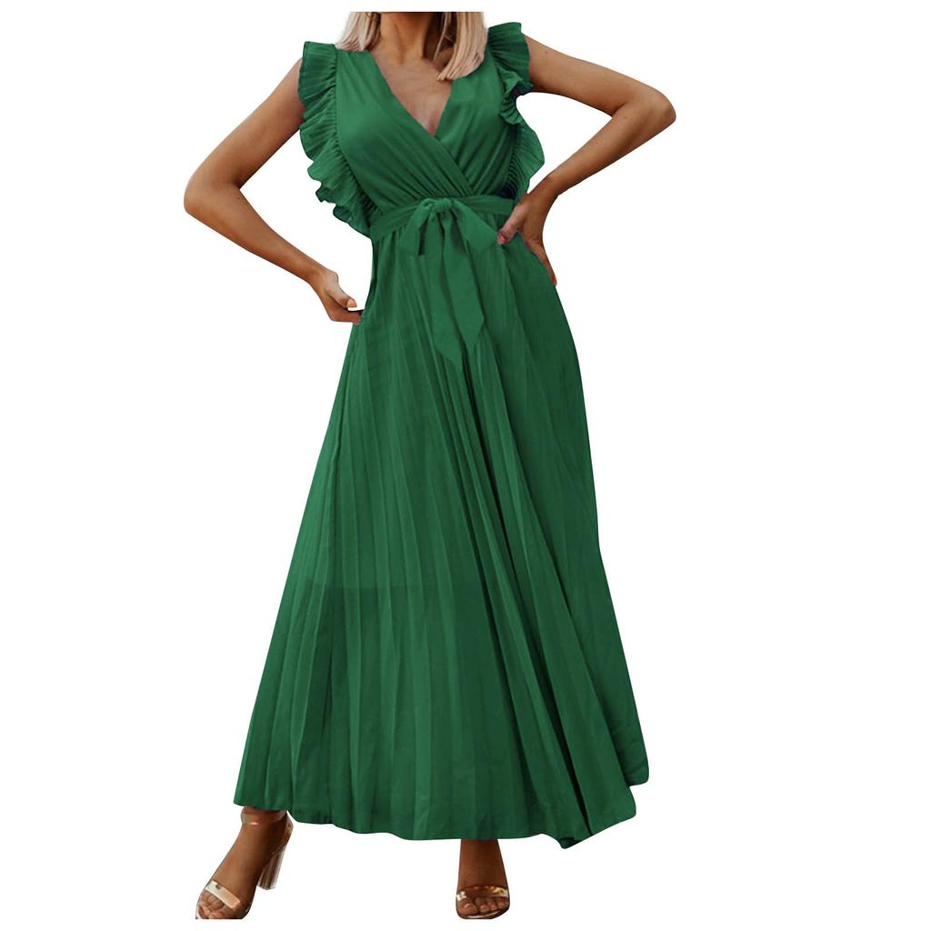 Women's Fashion Slim Sexy Ruffle Sleeve Chiffon Pleated Skirt Solid Color Dress