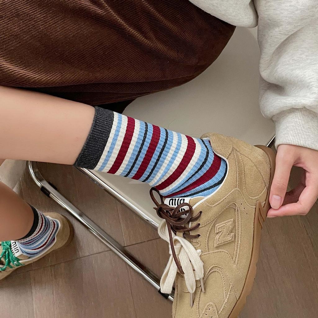 Grey Socks Cotton Mid-Leg Socks Double Needle Cotton Spring And Autumn Striped Pile Socks Collegiate Style Stockings