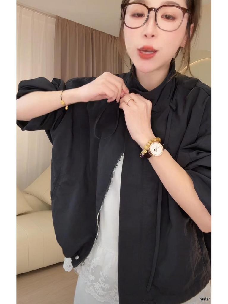 Design Sense Women's 2025 Spring Japanese Style Drawstring Stand-Up Collar Workwear Jacket