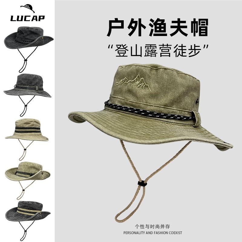 Western Denim Drawstring Bucket Hat Retro Summer Sun Protection Travel Versatile Female Tide Mountaineering Camping Sun Hat Male