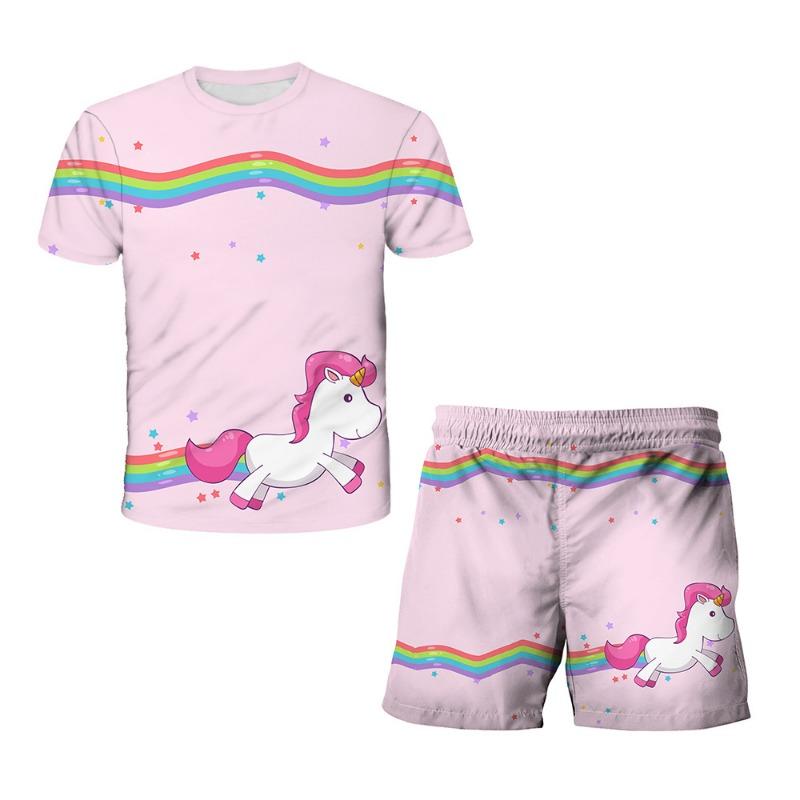 Unicorn Fashion Cute Girl Top T-shirt Short Sleeve+Shorts Two Piece Set Girls' and Children's Top Short Sleeve