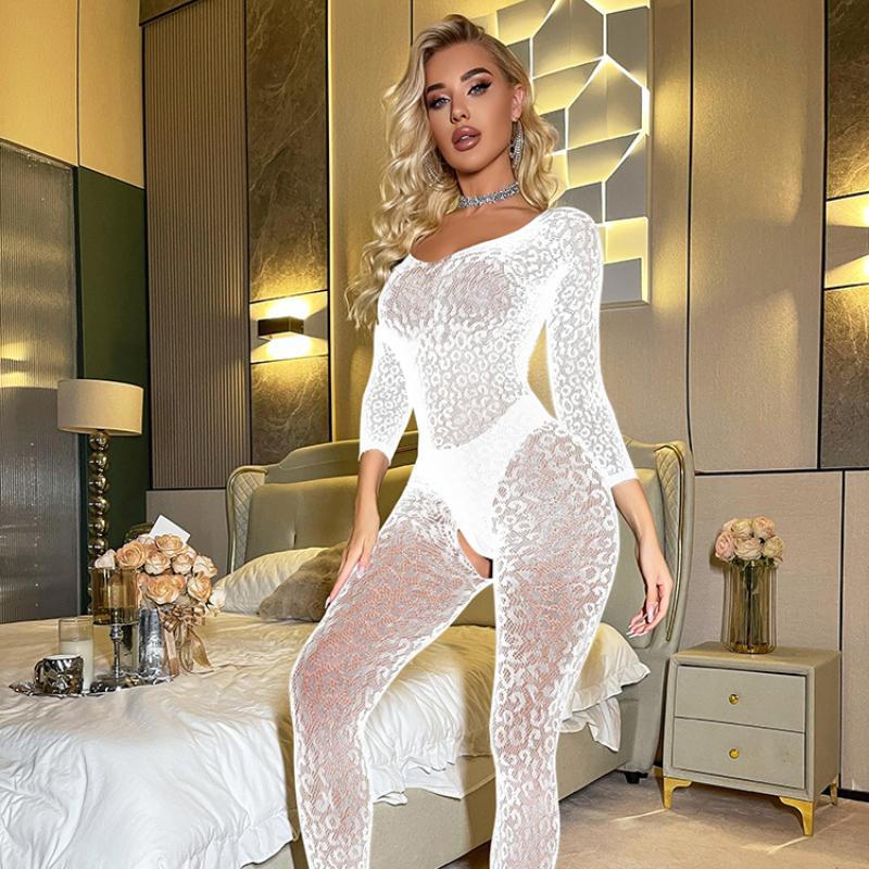 Women Jumpsuit Lingerie Leopard Mesh Bodysuit Long Sleeved Silky Perspective Tights Hollow Night Club Fantasy Erotic Wear