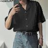 INCERUN Oversized Men Casual Lapel Neck Short Sleeve Tassel See Through Loose Shirts