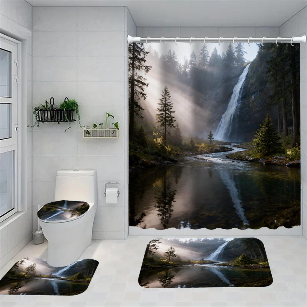 1/4 Forest Waterfalls  Print Shower Curtains, Toilet Seat Decoration, Shower Curtain with Carpet and Toilet Lid, 70.8x70.8 Inch