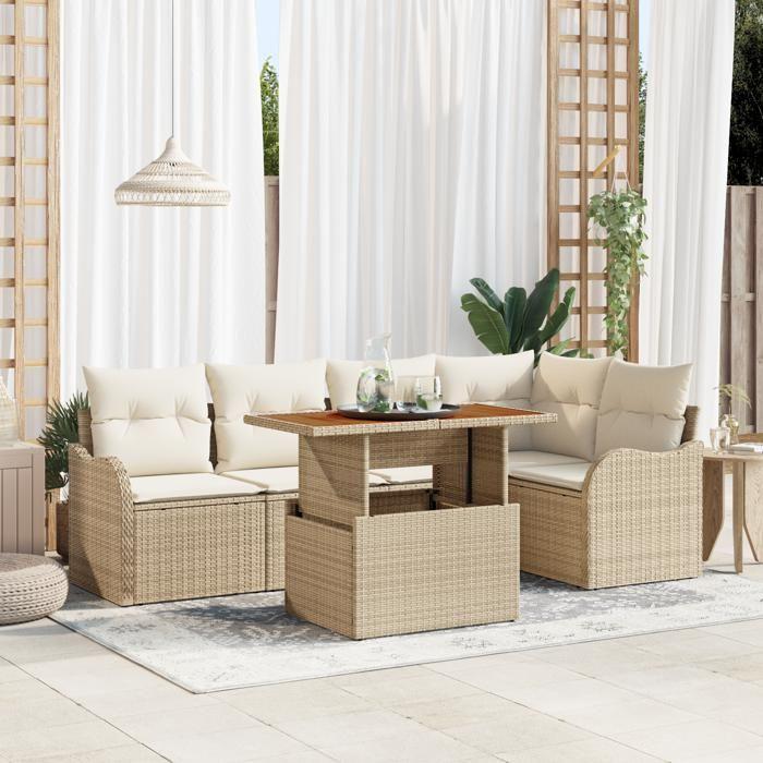 Ensemble de canapé de jardin 6 pièces avec coussins beige en poly rotin, Canapé de jardin 2 places avec coussins beige en 3349462