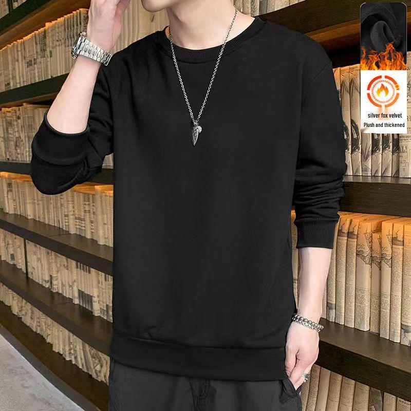 Men's Long-Sleeve Velvet-Lined Sweatshirt: Trendy, Loose Fit, Round Neck, Autumn/Winter Style for Young Students