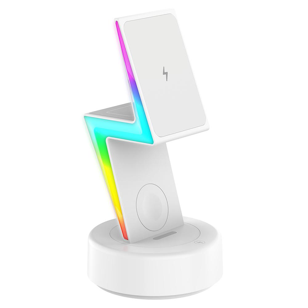 

MY002 3-in-1 15W Wireless Charger for Cell Phone,Headset Magnetic Charging Stand with RGB Color Lights White