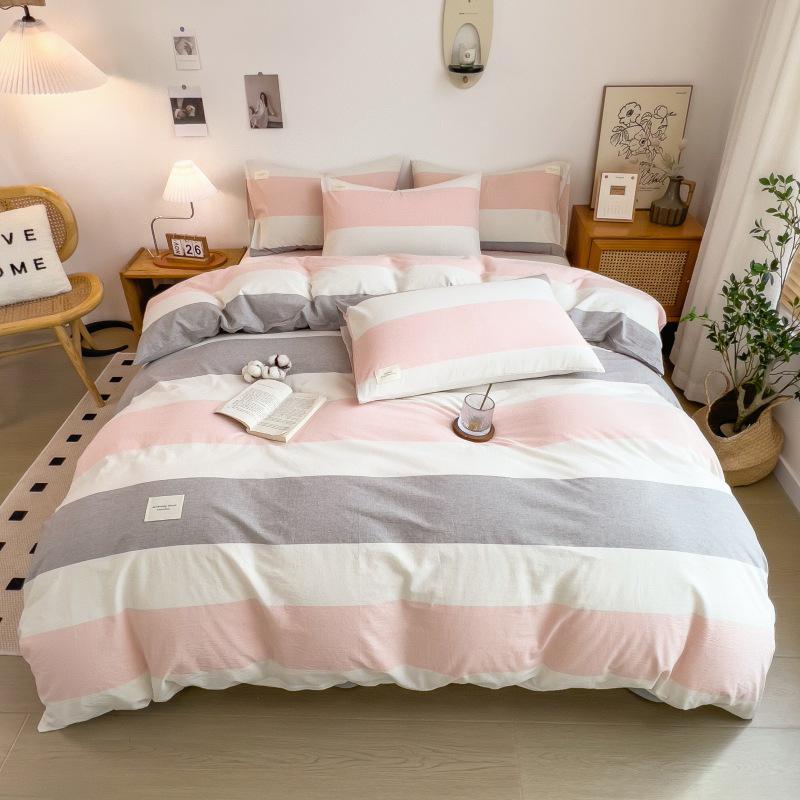 Muji-Inspired Plaid Water-Washed Cotton Duvet Cover Set - Minimalist Brushed Four-Piece Bedding Set