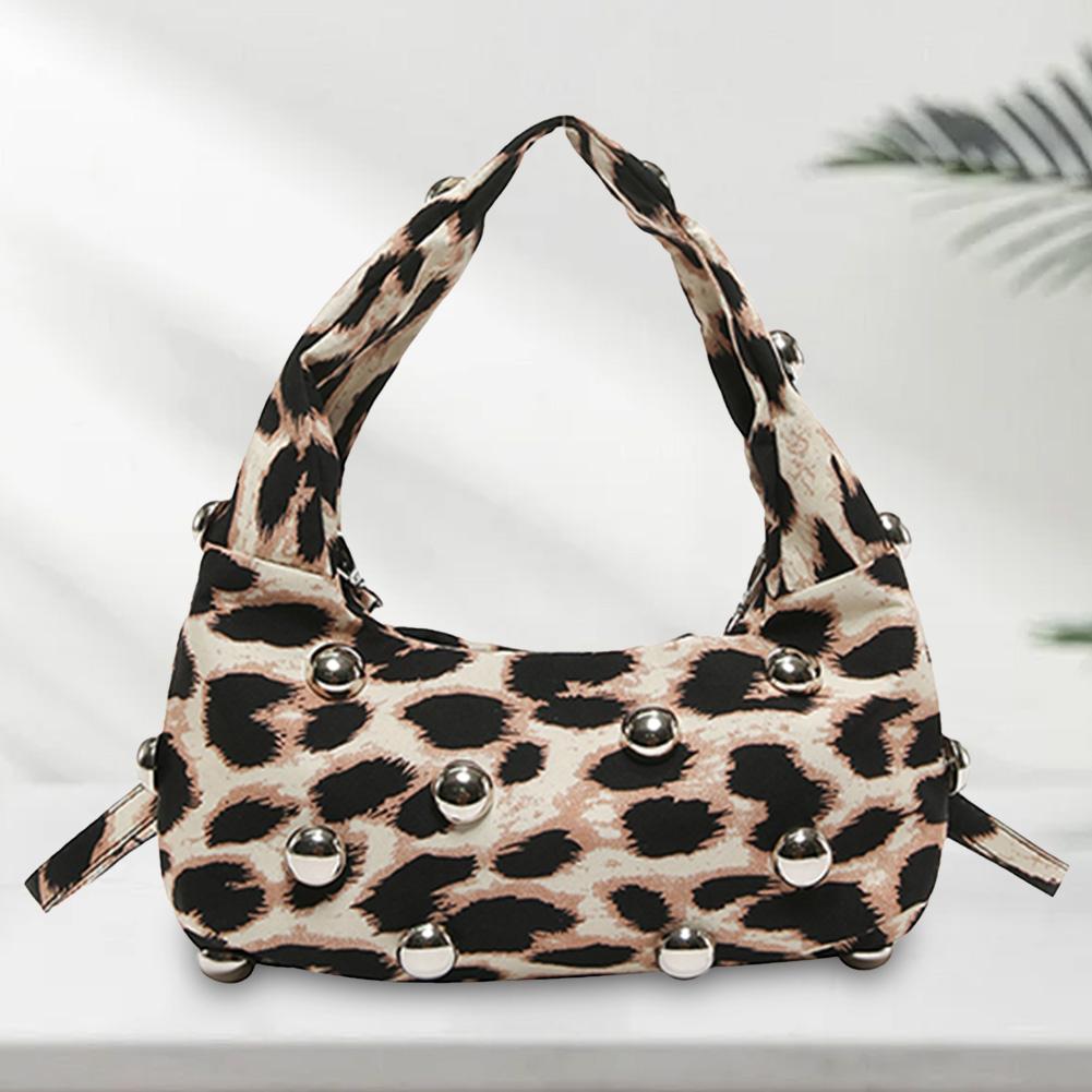 Women Studded Leopard Print Shoulder Bag Adjustable Strap Leopard Print Crossbody Bag Studded Satchel Bag Female Outdoor Bag хаки
