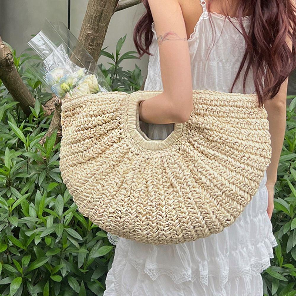 Handmade Lafite Straw Bag Large Capacity Summer Beach Handbag Trendy Weave Tote Bag  Girls