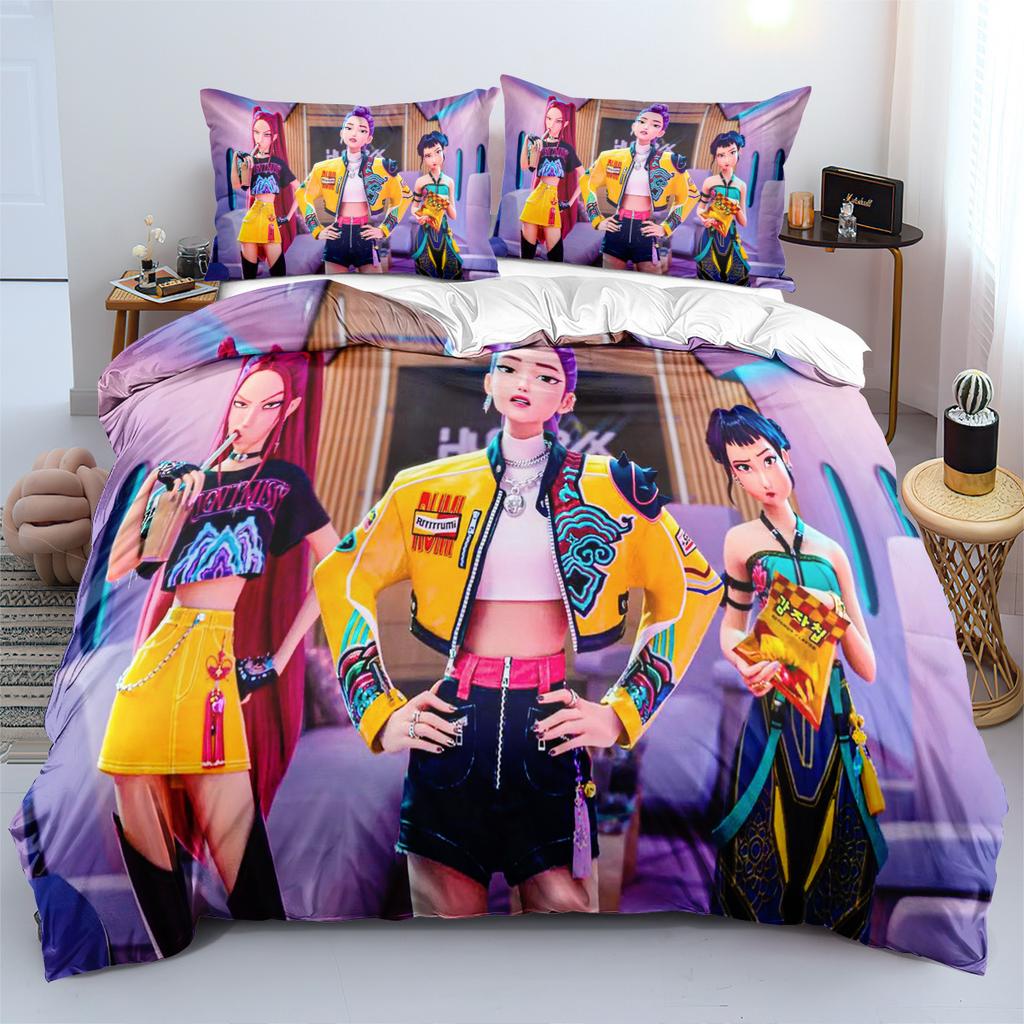 3pcs KPop Demon Hunters Bedding Set Anime Print Boys Girls Three Piece Multi Size Quilt Cover Pillow Cover Bedroom Decoration