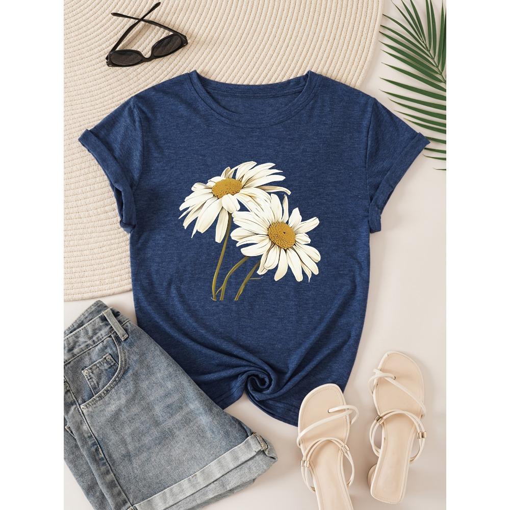Women Cotton Short Sleeves T-shirts Daisy Floral Women's Tee Boho Botanical Graphic Casual Summer Top