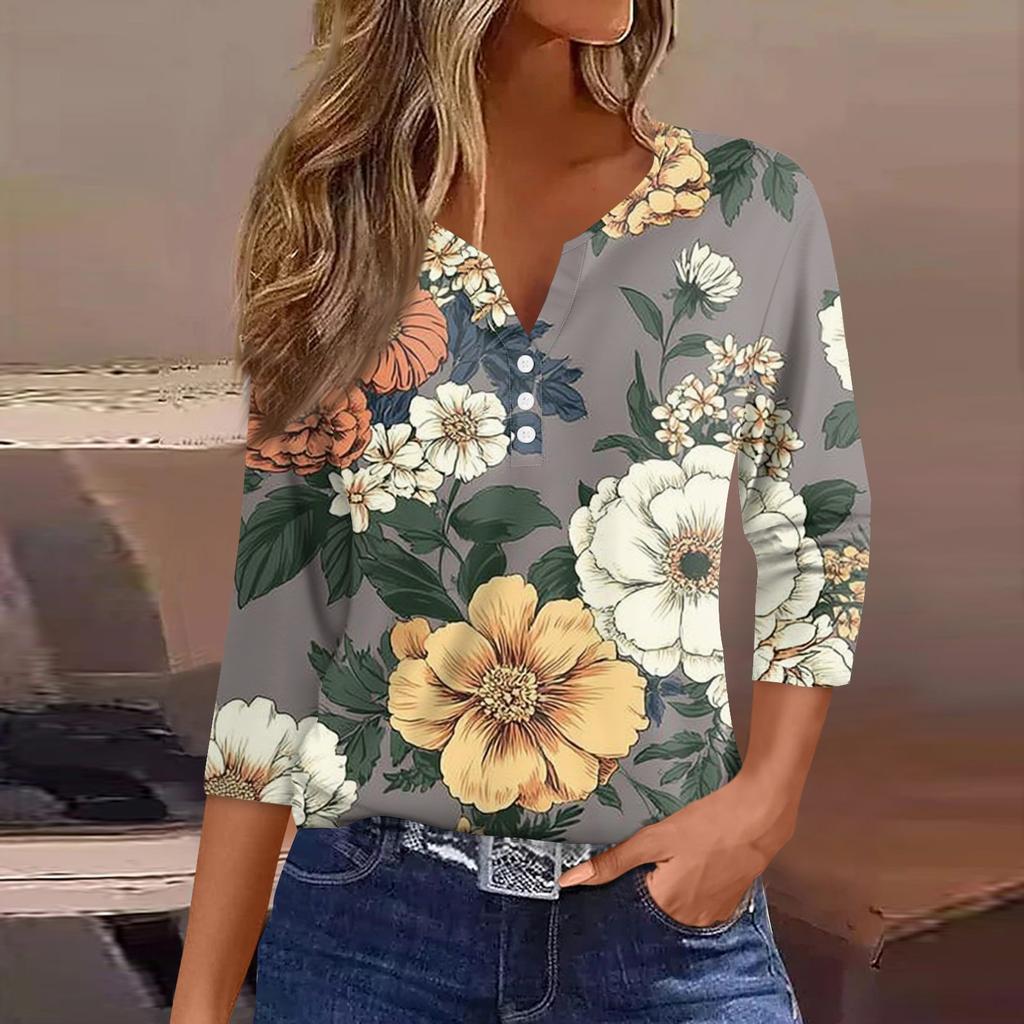 Damemote Uformelt blomstertrykk V-hals dekorativ knapp med trekvart ermet T-skjorte