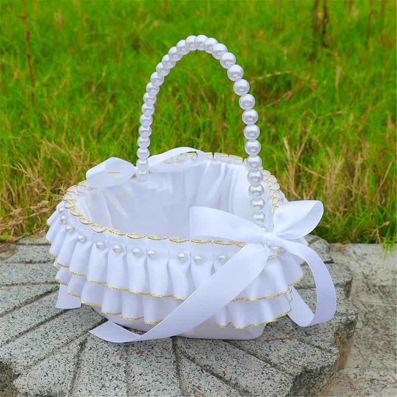 Decorative Pearls Embellished Storage Basket With Golden Edges for Wedding Reception Party Decorations