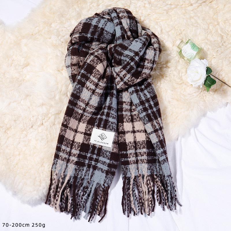 Korean Style Plaid Mohair Scarf - Women's Winter Imitation Cashmere Shawl
