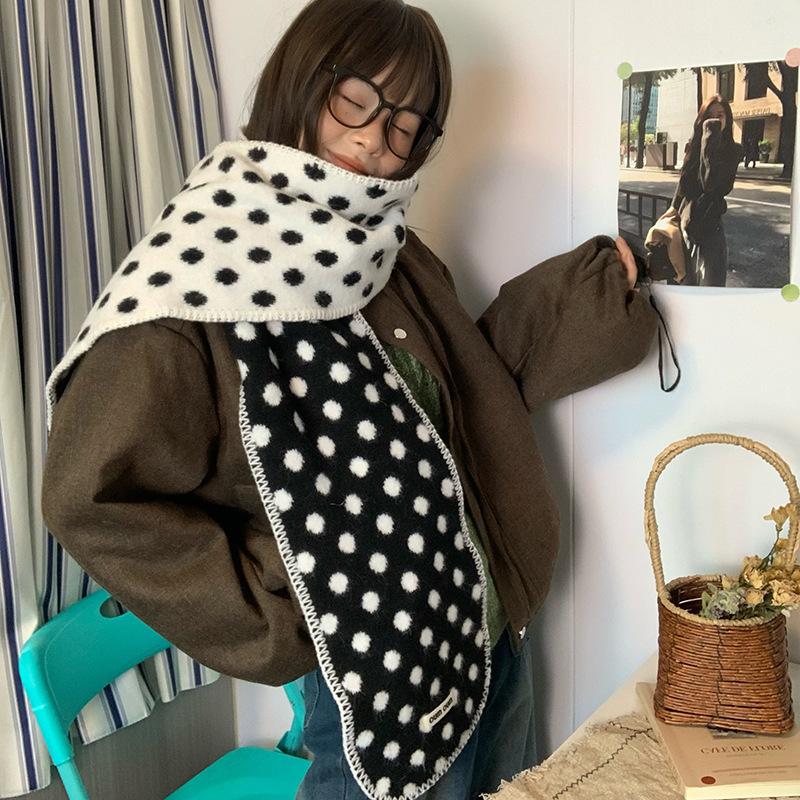 Korean Style Color-Block Polka Dot Double-Sided Scarf For Women Fashion Warm Thickened Furry Knitted Scarfves
