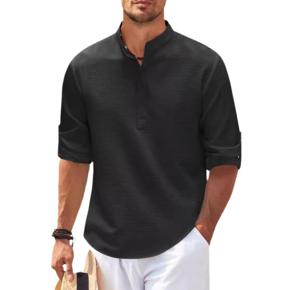 Men's Long Sleeved Stand Up Collar Plaid Casual Shirt