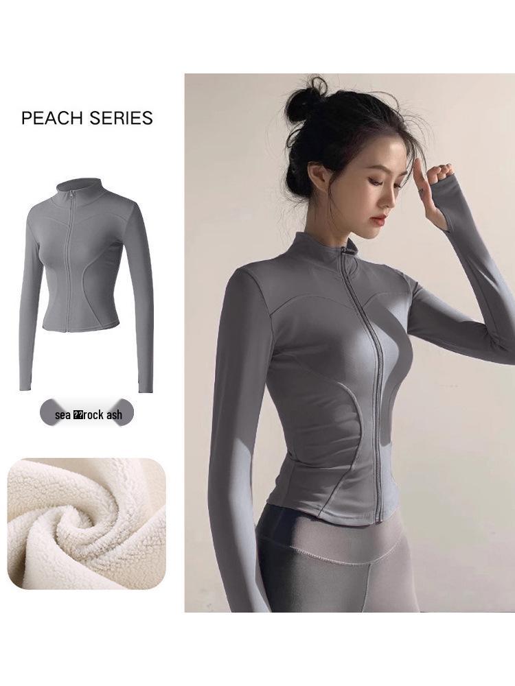 Women's Plush Slim Fit Zipper Yoga Jacket - Thickened, Elastic Long Sleeve, Stand Collar, Warm Autumn & Winter Top