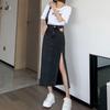High Waist Denim Midi Skirt with Side Slit for Women - Versatile A-line Bodycon for All Seasons
