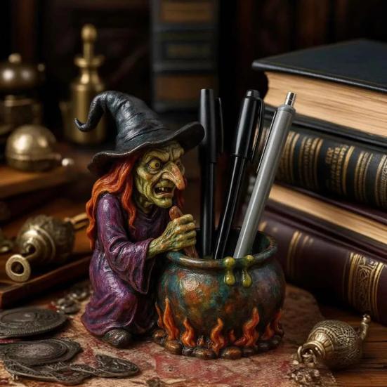 Hekse Penneholder Halloween Dekorasjon Stor Kapasitet Skummelt Heksedesign Skrivebordspennorganisator Sminkekostholder