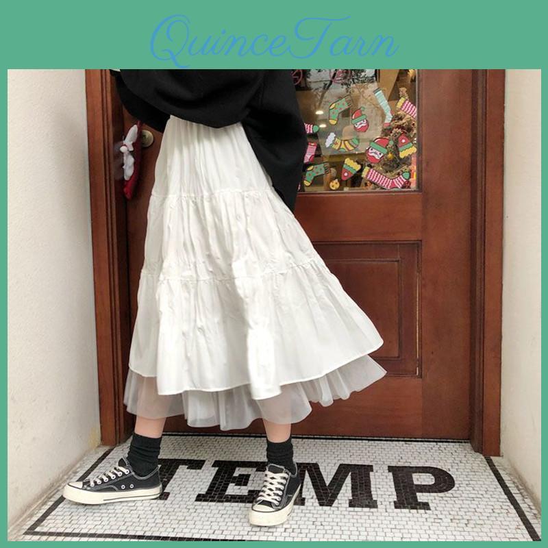 Midi Tulle Long Womens Skirts 2024 Autumn Elastic High Waist Mesh Tutu Pleated Skirts Female Black White Long Skirt Streetwear