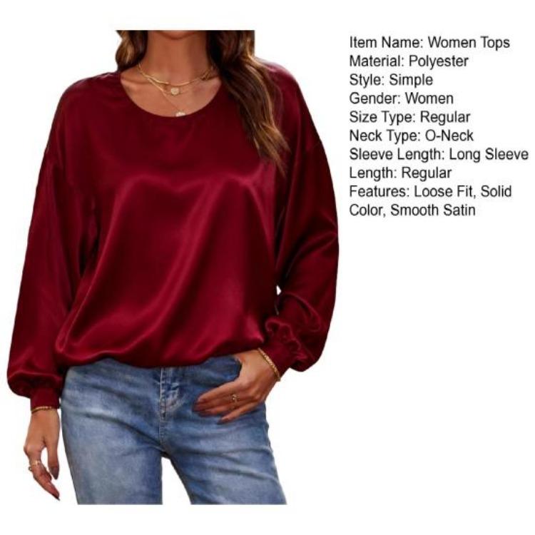 Women Long Sleeve Blouse Solid Color Round Neck Loose Fit Tops Casual Wear for Work Party Date