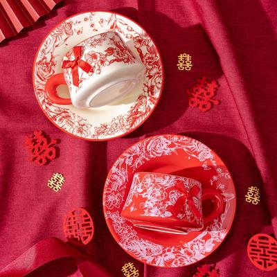 New Chinese-style Engagement Ceramic Coffee Cup and Saucer Set, Gift, Wedding Gift, Housewarming, New Home Event Gift