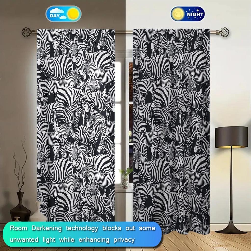 2pcs Zebra Black and White Striped Seamless Polyester Fiber Pole Mouth Curtain   Semi Transparent Without Lining