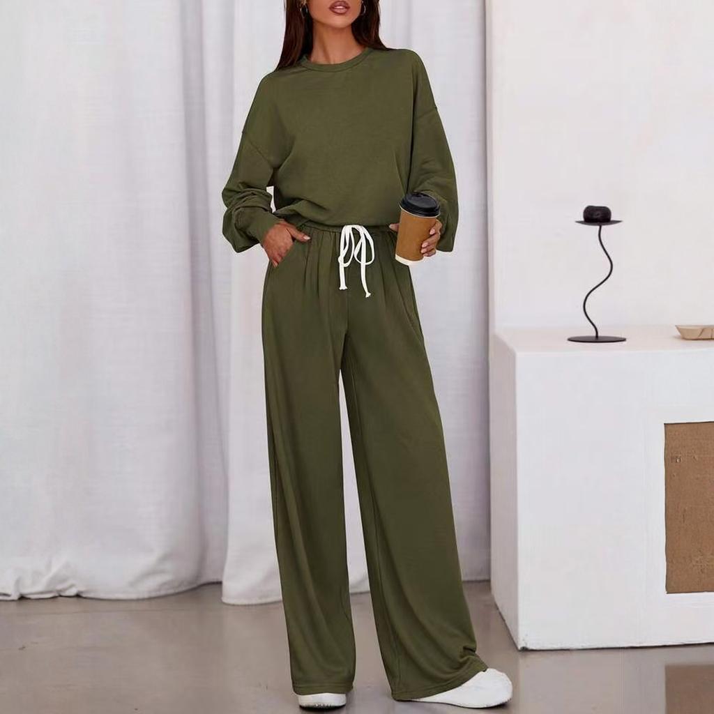 Fashion Women's Casual Suit Long Sleeved Casual Wide Leg Pants Set