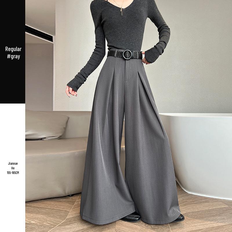 Women s Gray High-Waisted Wide-Leg Pants - Slimming, Loose, Floor-Length Style for Spring 2026 XL