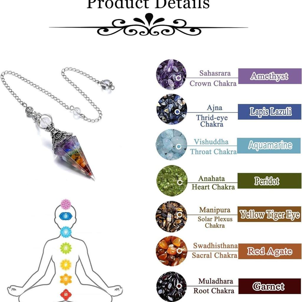 Antique Silver Seven Chakra Crystal Resin Pendulum with Semi-Precious Chips Pendant