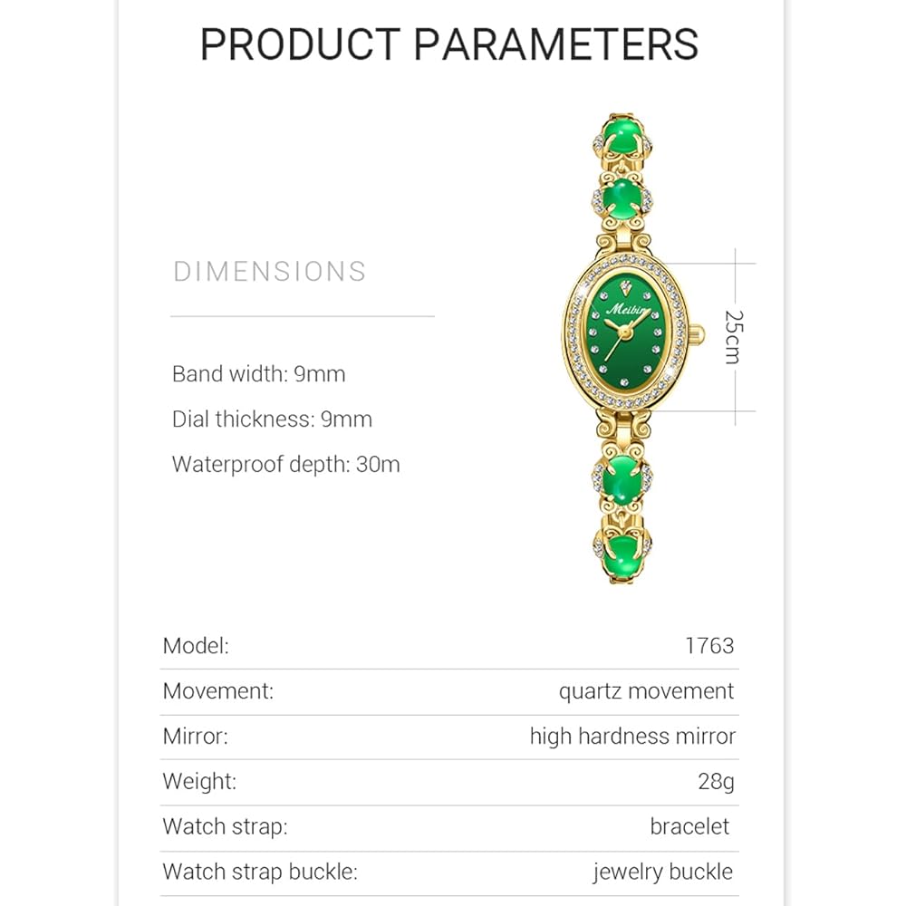 "Elegant Women's Bracelet Watch Green Crystal Waterproof Quartz Simple Rose Gold"