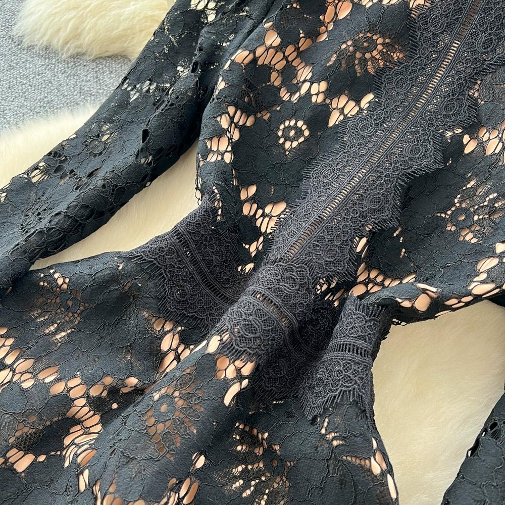 Vestidos Midi de Festa Femininos Vintage de Manga Comprida Vazados em Renda para Primavera Outono